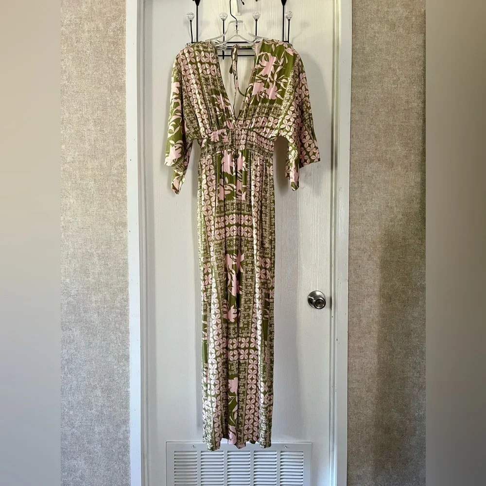 Light Pink and Sage Floral Maxi Dress with High Slit